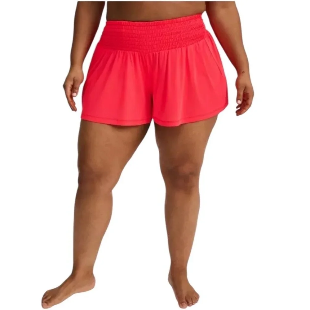 TORRID Swim Shorts CoverUp Sheer Neon-Coral Mesh Smocked Waist NWT Size 5X
